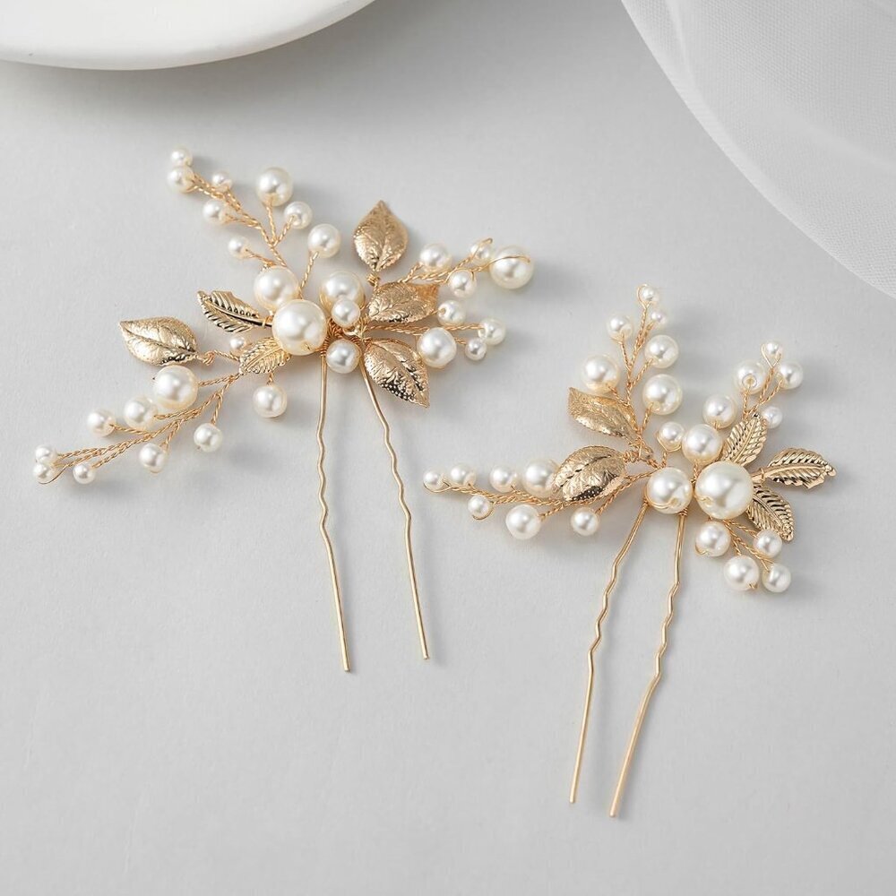 Bridal Hair Accessories Pearl Rhinestones Leaves Wedding Hair Pins Gold 2Pcs